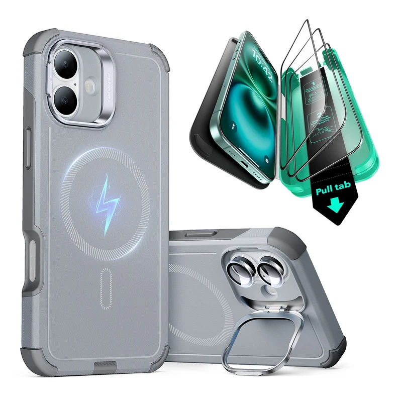 iPhone 16 Plus Cyber Tough Case with Stash Stand Protection Bundle - Light Grey