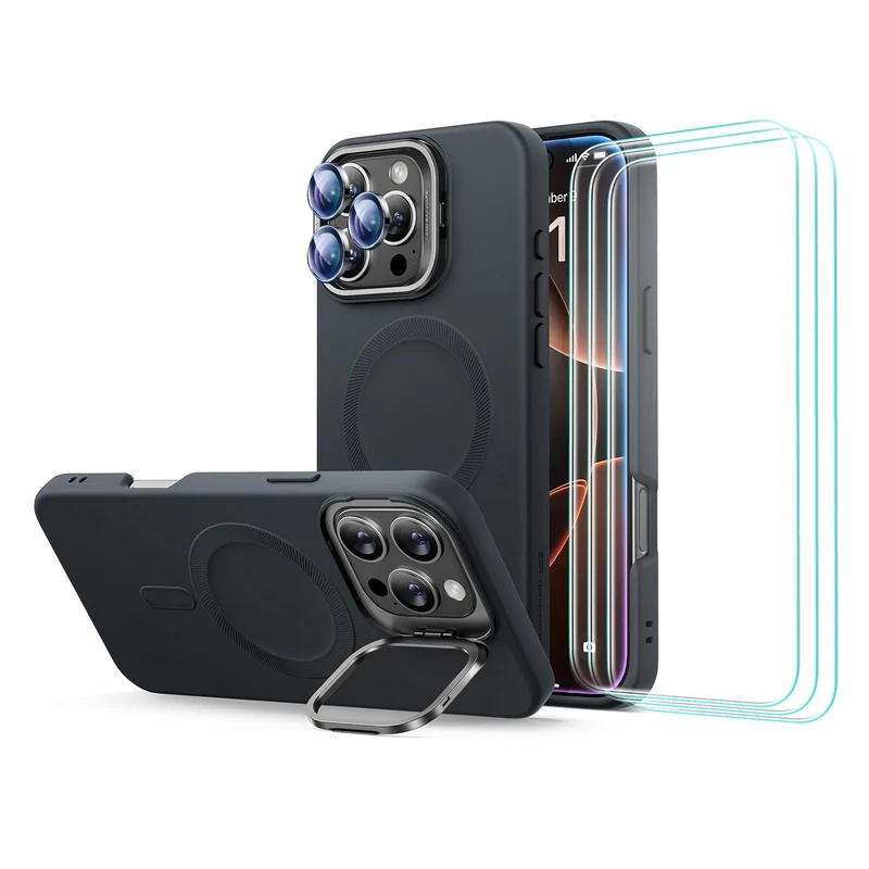 iPhone 16 Pro Max Cloud Soft Case with Stash Stand Protection Bundle - Black