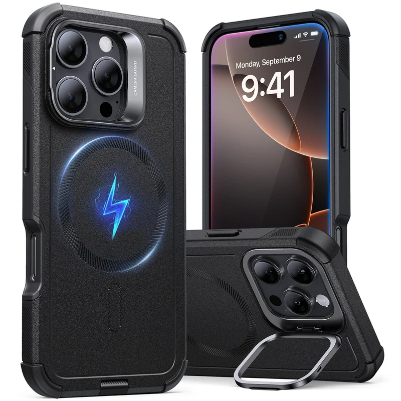 iPhone 16 Pro Max Cyber Tough Case with Stash Stand (HaloLock) - Black