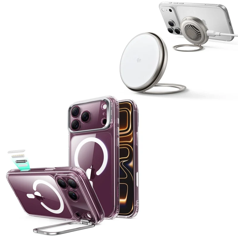 iPhone 18 Pro Classic Hybrid Magnetic Case with Camera Control and Flex Stand, Plus Cyclone 25W Magnetic Charging Pad Bundle - Clear