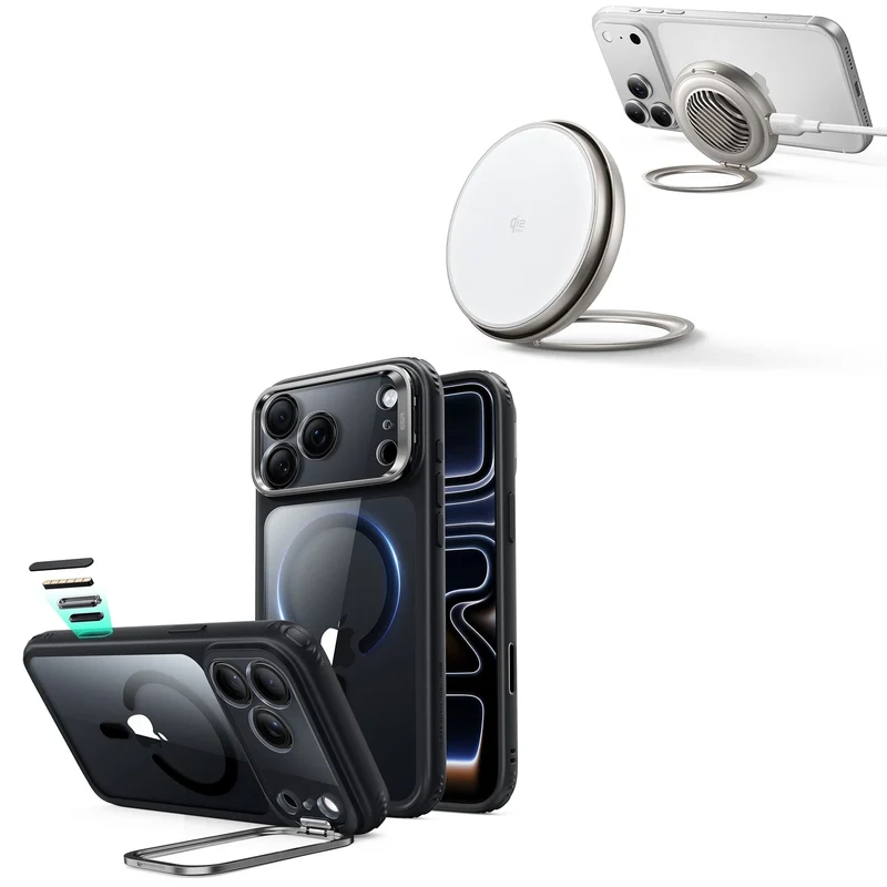 iPhone 18 Pro Classic Hybrid Magnetic Case with Camera Control and Flex Stand, Plus Cyclone 25W Magnetic Charging Pad Bundle - Clear Black