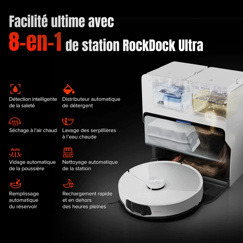 Roborock S8 MaxV Ultra aspirateur robot laveur avec Station RockDock® Ultra 8-en-1