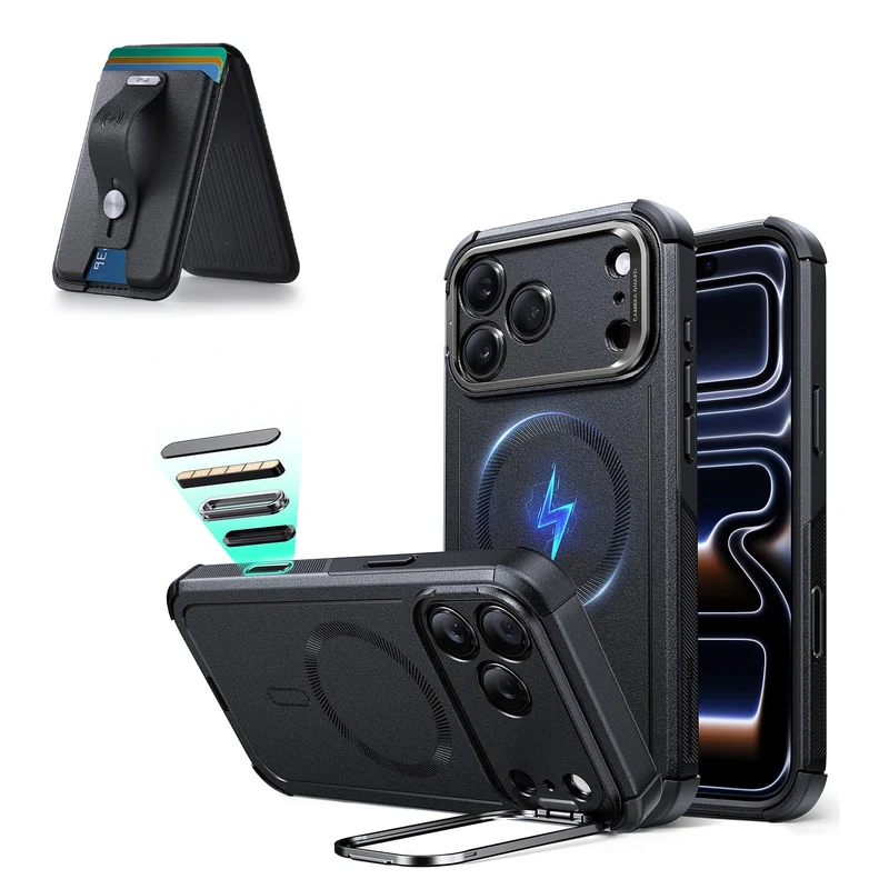 iPhone 17 Pro Max Cyber Tough Magnetic Case (Camera Control, Stash Stand) with Wallet Stand Bundle - Black