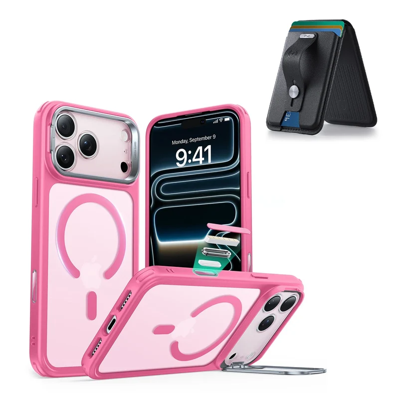 iPhone 17 Pro Max Classic Hybrid Magnetic Case (Camera Control, Stash Stand) with Wallet Stand Bundle - Frosted Pink