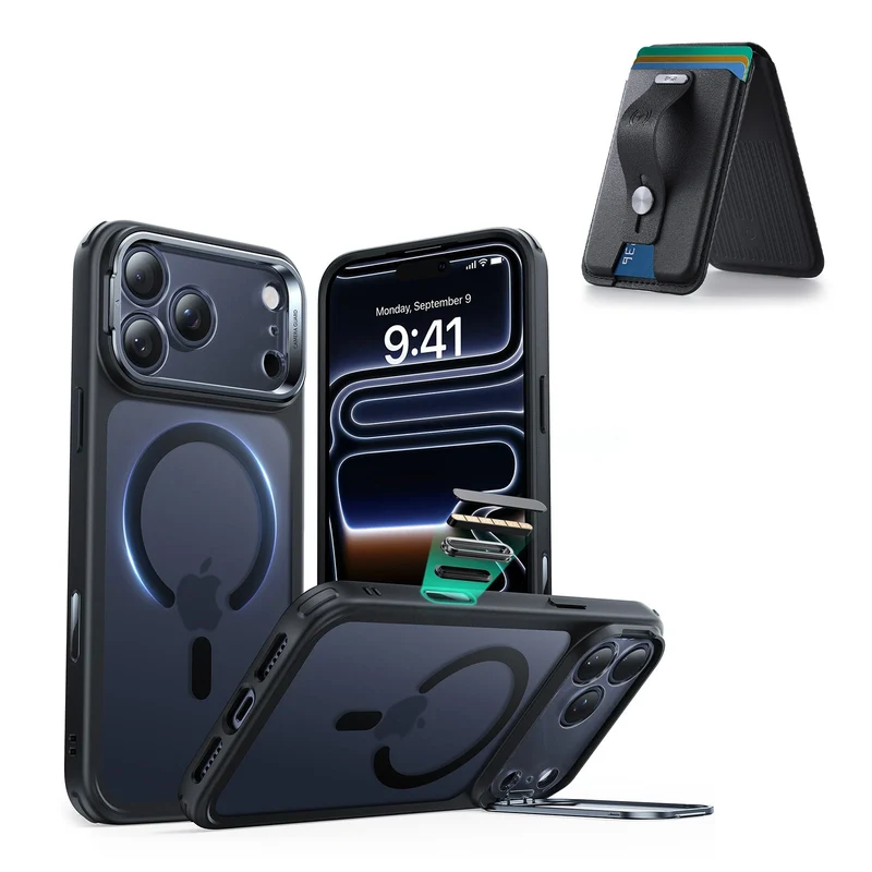 iPhone 17 Pro Classic Hybrid Magnetic Case (Camera Control, Stash Stand) with Wallet Stand Bundle - Frosted Black