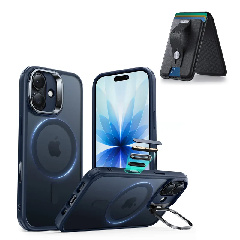 iPhone 17 Classic Hybrid Magnetic Case (Camera Control, Stash Stand) with Wallet Stand Bundle - Frosted Blue