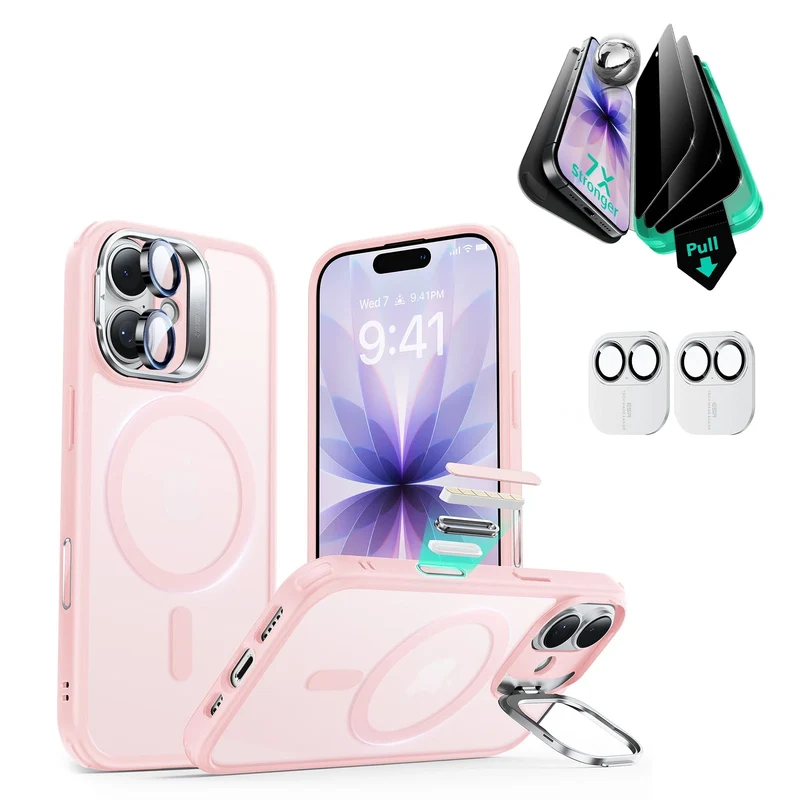iPhone 17 Bundle Classic Hybrid Magnetic Case (Camera Control, Stash Stand) and Armorite Privacy Screen Protector - Frosted Bubblegum Pink