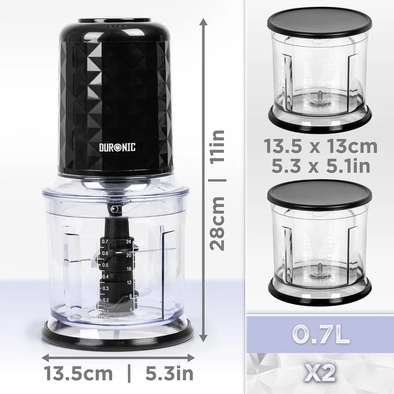 Duronic CH57 BK Mini hachoir 500W avec 2 bols de 700 ml avec couvercle Robot culinaire pour légumes fruits noix épices Permet de préparer sauces purée nourriture bébé