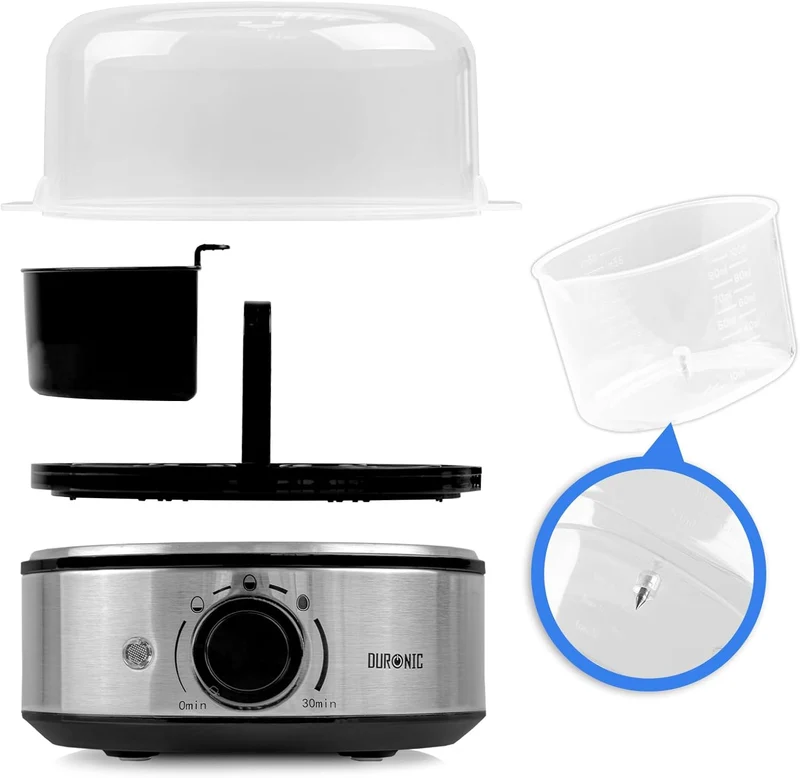 Duronic EB50 BK Cuiseur à oeufs 1 à 7 oeufs 400W Thermostat et minuteur 3 modes de cuisson Oeuf dur ou mollet ou à la coque Arrêt automatique avec alarme sonore Cuisson omelettes légumes œufs