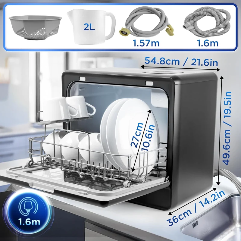 Duronic DW10 BK Lave-vaisselle de table 1050W Lave vaisselle posable compact Gain de place pour petite cuisine 5 programmes de lavage Séchage Lavage des plats assiettes verres bols couverts fruits
