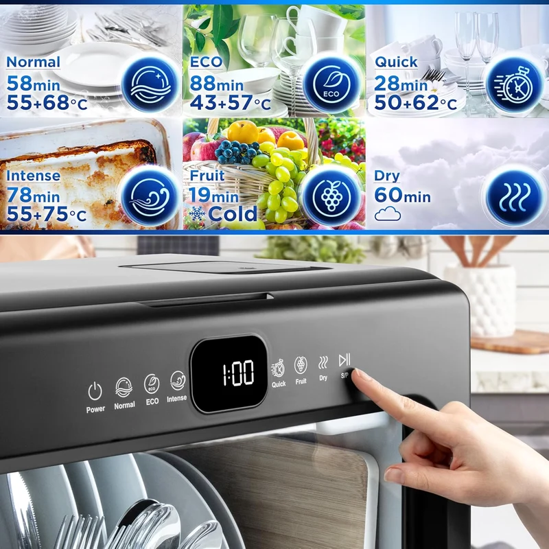 Duronic DW10 BK Lave-vaisselle de table 1050W Lave vaisselle posable compact Gain de place pour petite cuisine 5 programmes de lavage Séchage Lavage des plats assiettes verres bols couverts fruits