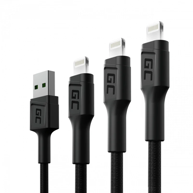 GREEN CELL - Câble de charge et de données - USB-A (mâle) - Lightning (mâle) - Ensemble - 3 pièces - 30 cm|1,2 m|2 m