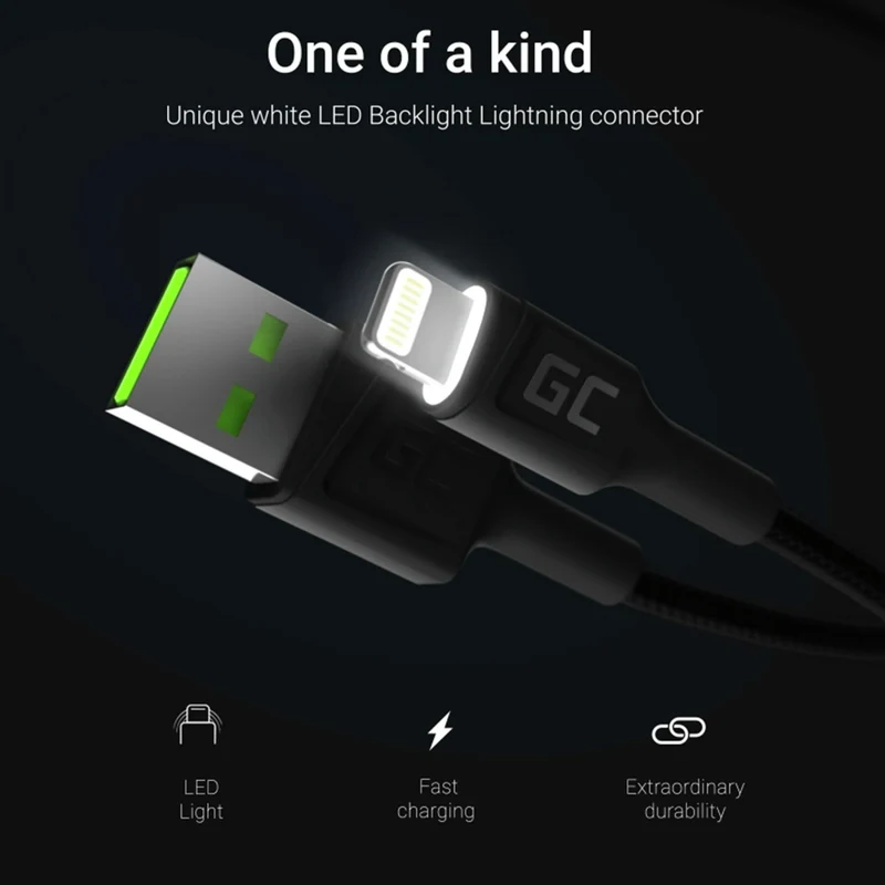 GREEN CELL - Câble de charge et de données - USB-A (mâle) - Lightning (mâle) - Ensemble - 3 pièces - 30 cm|1,2 m|2 m