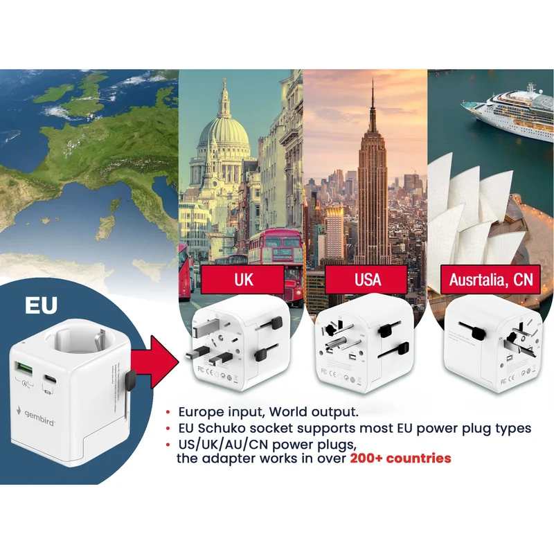 GEMBIRD - Adaptateur de voyage - Universel - Prise UE - Monde (200+ pays)