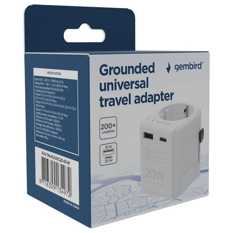 GEMBIRD - Adaptateur de voyage - Universel - Prise UE - Monde (200+ pays)