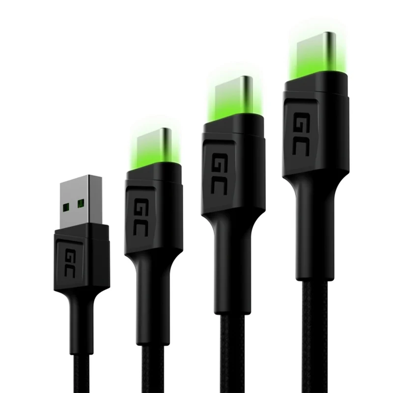 GREEN CELL - Câble de charge et de données - USB-A (mâle) - USB-C (mâle) - Ensemble - 3 pièces - 30 cm|1,2 m|2 m