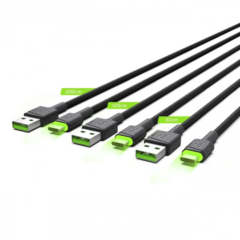 GREEN CELL - Câble de charge et de données - USB-A (mâle) - USB-C (mâle) - Ensemble - 3 pièces - 30 cm|1,2 m|2 m
