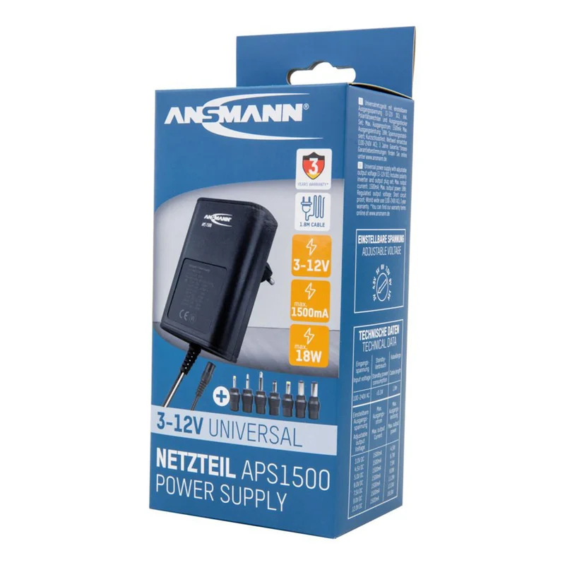 ANSMANN - Alimentation universelle - 18 W - 7 embouts - câble de 1,8 m - APS1500