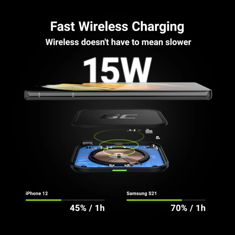 GREEN CELL - Qi - Chargeur sans fil - 15W - USB-C - Noir