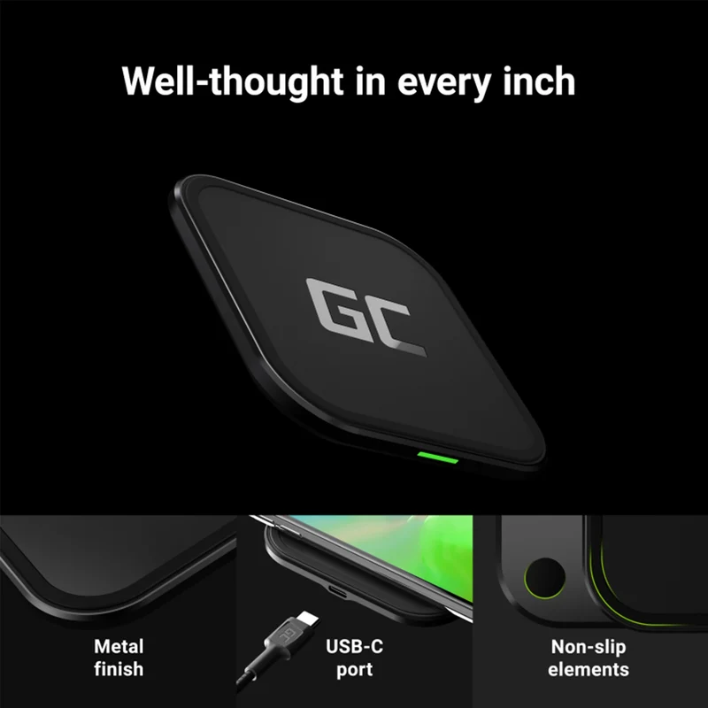 GREEN CELL - Qi - Chargeur sans fil - 15W - USB-C - Noir