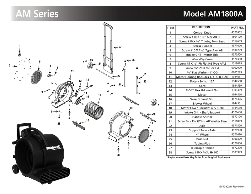 Shop-Vac Parts List for AM1800A Models (1800 Max. CFM Air Mover)