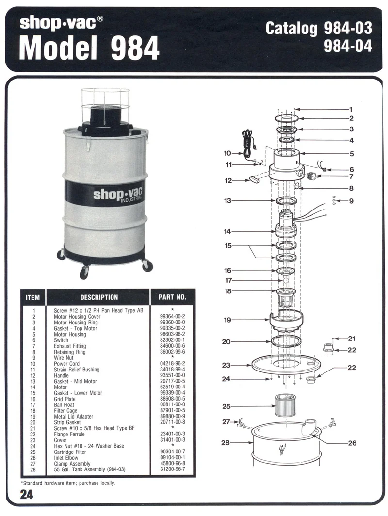 Shop-Vac Parts List for 984 Models (55 Gallon* Head Assembly)