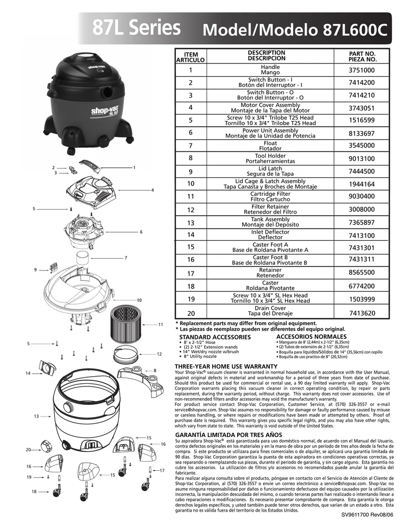Shop-Vac Parts List for 87L600C Models (16 Gallon* Red / Black Vac)