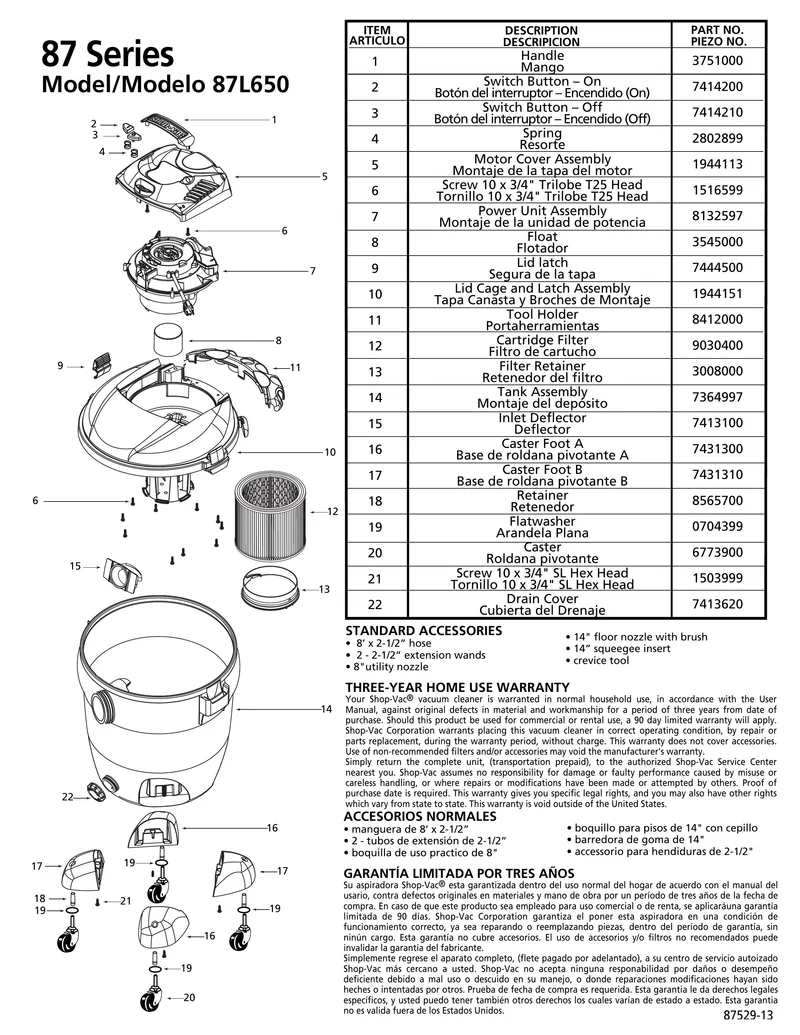 Shop-Vac Parts List for 87L650 Models (20 Gallon* Gray / Black Vac)