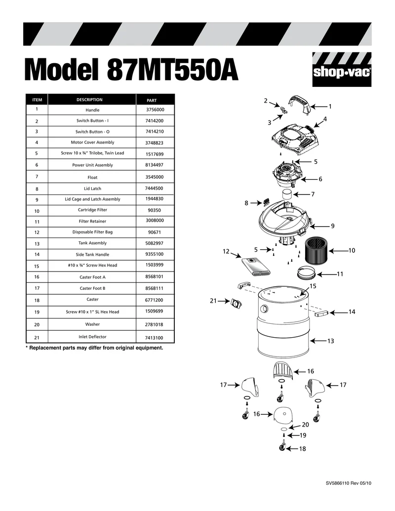 Shop-Vac Parts List for 87MT550A Models (8 Gallon* Black / Stainless Steel Industrial Vac w/ 4 Caster Feet)
