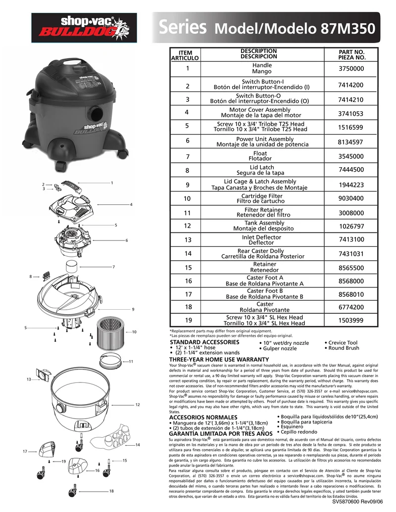 Shop-Vac Parts List for 87M350 Models (6 Gallon* Red / Black Bulldog® Vac)