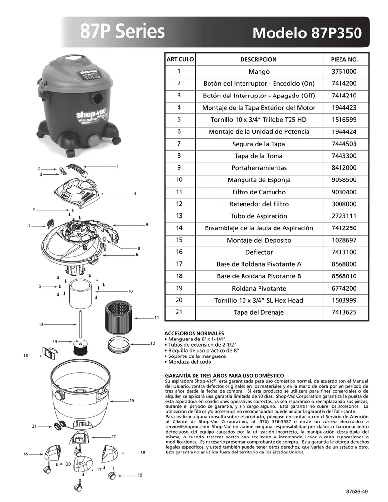 Shop-Vac Parts List for 87P350 Models (10 Gallon* Pump Vac)