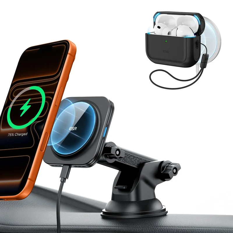 15W Dashboard Wireless Car Charger and AirPods Pro 3 Orbit Case Bundle-Black
