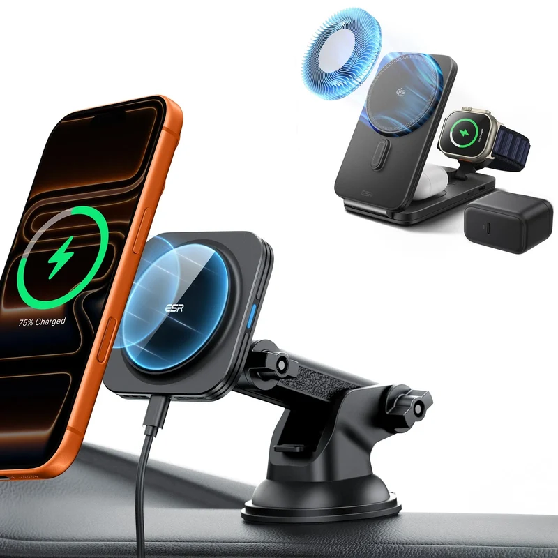 15W Dashboard Wireless Car Charger and 25W CryoBoost Foldable 3-in-1 Charger Bundle - US Plug–Black