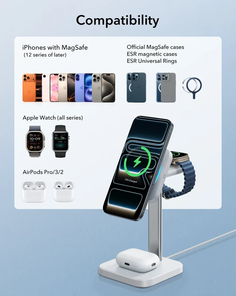 15W 3-in-1 Wireless Charging Station with CryoBoost (HaloLock) & Car Charger (Air Vent) Bundle - Black - US Plug