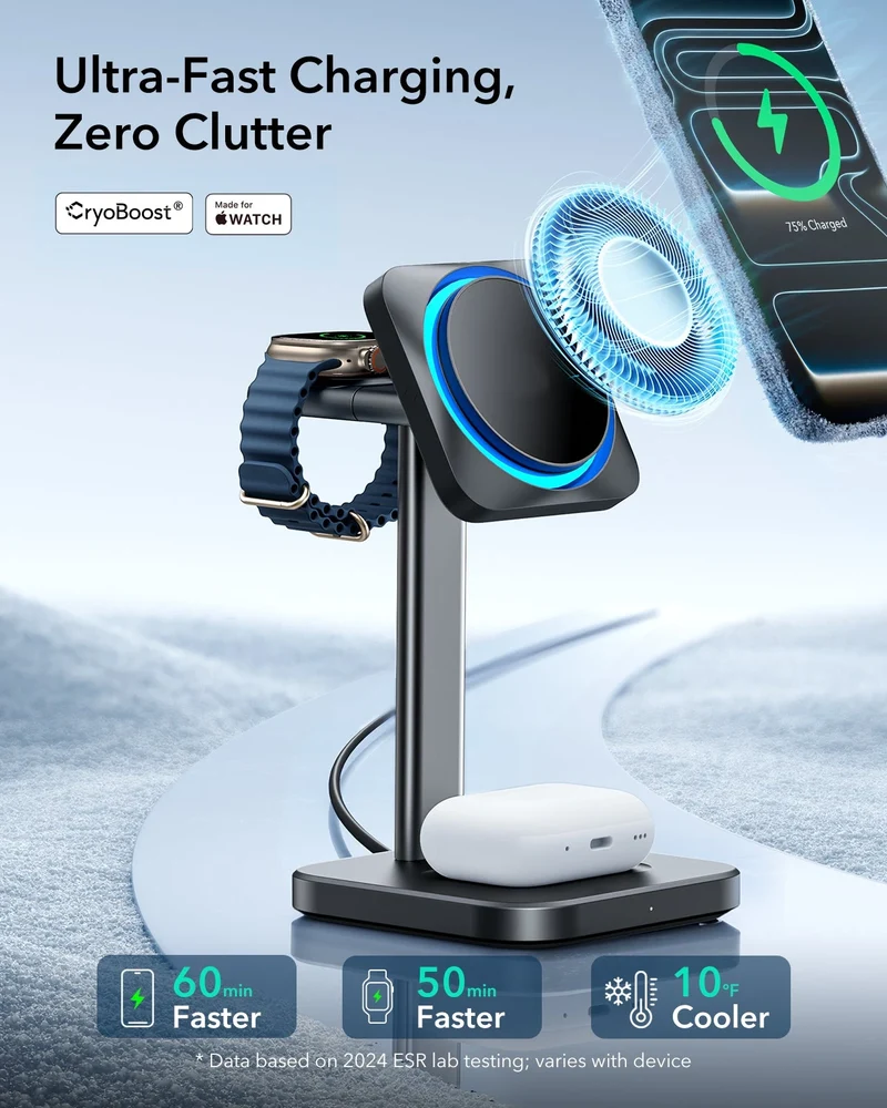 15W 3-in-1 Wireless Charging Station with CryoBoost (HaloLock) & Car Charger (Air Vent) Bundle - Black - US Plug