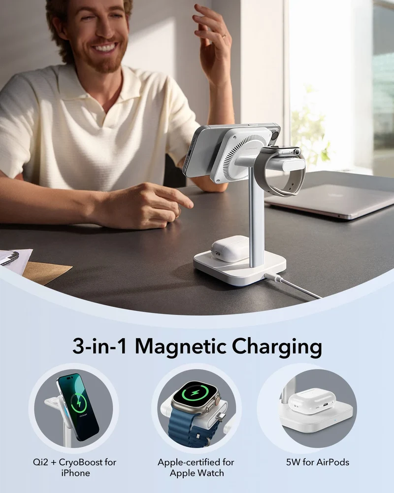 15W 3-in-1 Wireless Charging Station with CryoBoost (HaloLock) - White - US Plug