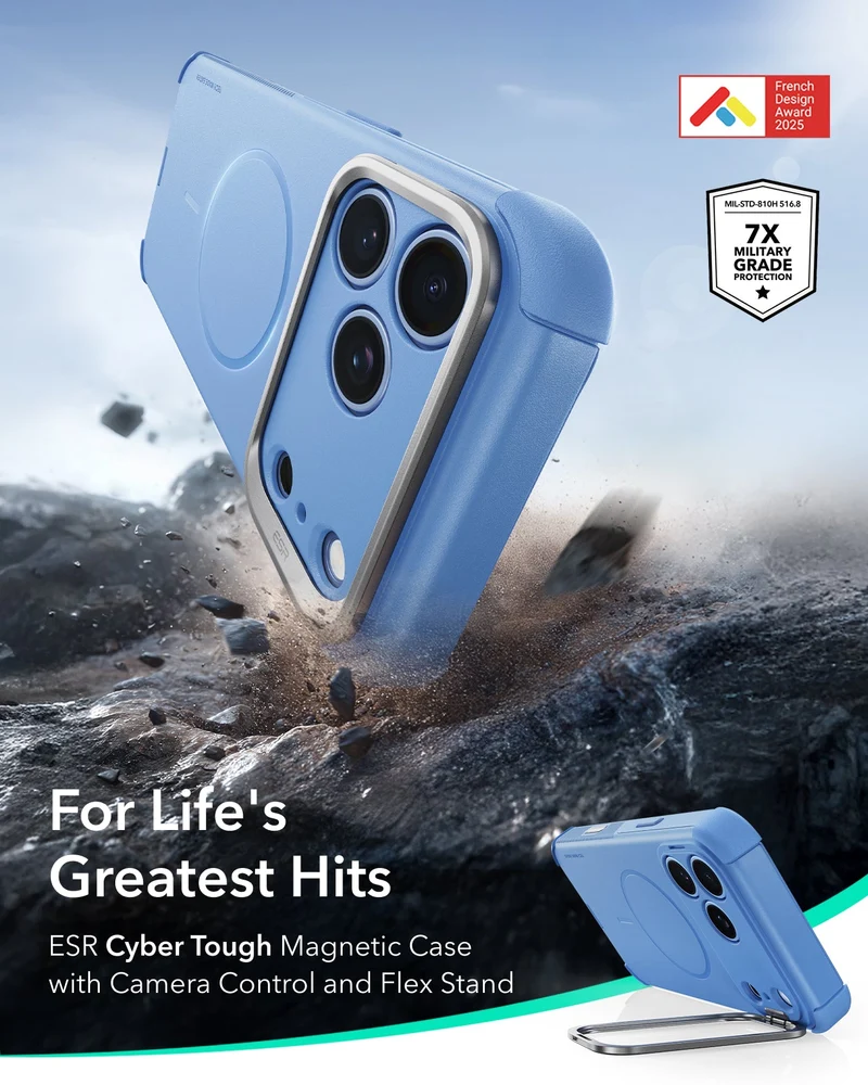 iPhone 18 Pro Max Cyber Tough Magnetic Case with Camera Control and Flex Stand - Misty Blue
