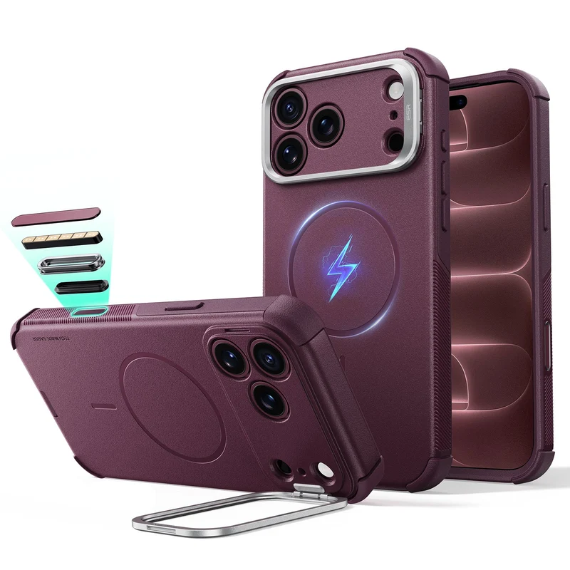 iPhone 18 Pro Max Cyber Tough Magnetic Case with Camera Control and Flex Stand - Deep Burgundy