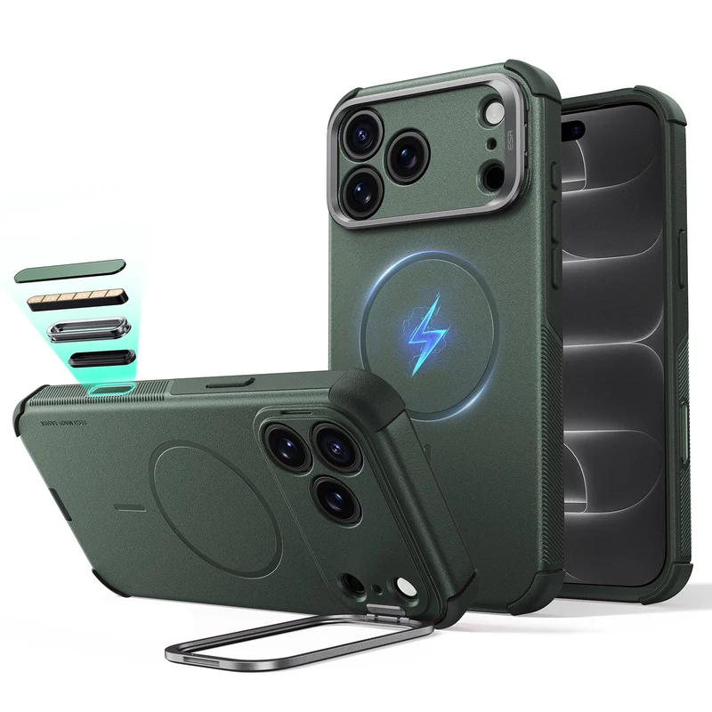 iPhone 18 Pro Max Cyber Tough Magnetic Case with Camera Control and Flex Stand - Olive Green