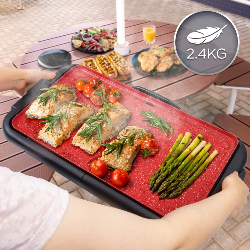 Duronic GP25 Plancha électrique antiadhésive XL 6 à 8 personnes 2000W Surface 47 x 26 cm avec thermostat Bac à jus amovible Cuisson sans ajout de matière grasse Idéal pour soirée avec des amis