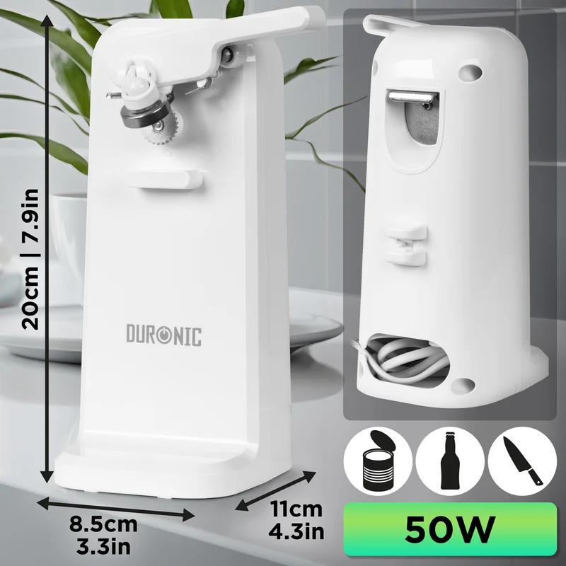Duronic CO40 WE Ouvre-boîte électrique 50W Ouvre boîtes de conserve automatique Aiguiseur de couteaux Décapsuleur pour bouteille Permet de retirer les capsules des bouteilles et cannettes