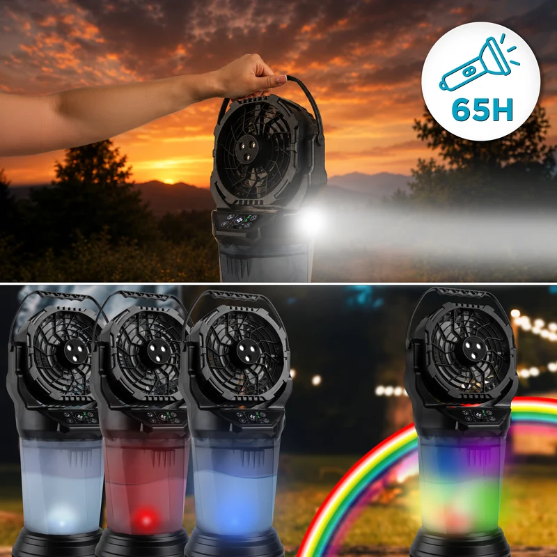 Duronic FM6 BK Ventilateur de brume rechargeable Réservoir d’eau 2 litres 4 vitesses Télécommande incluse Lumières LED Lampe torche d’urgence Ventilateur portable extérieur camping pique-nique