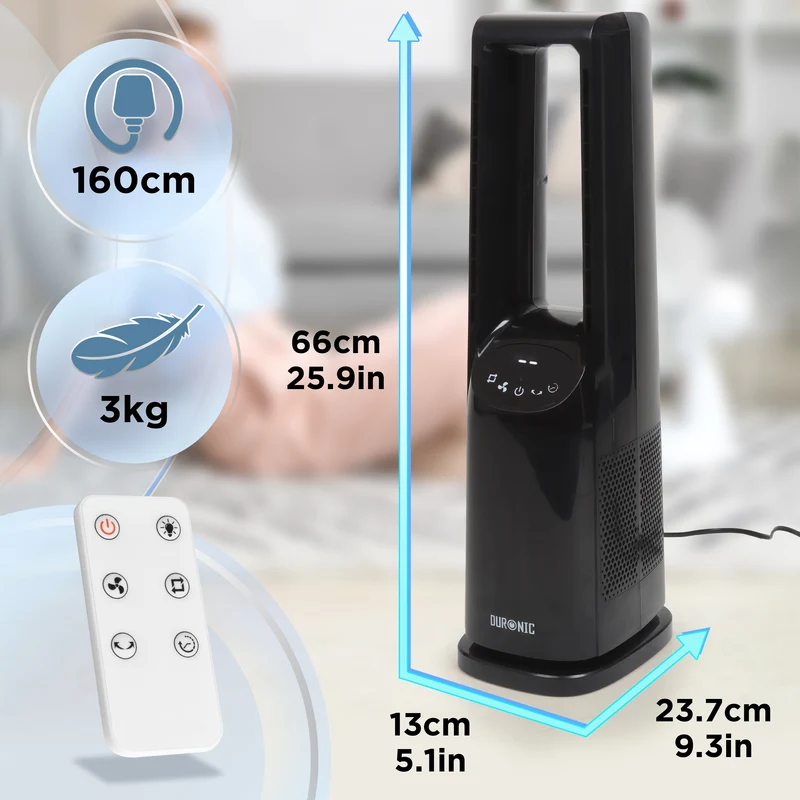 Duronic FN72 BK Ventilateur colonne 60W Aérateur avec 3 vitesses Minuterie 1 à 12 heures Oscillation à 70° Mode nuit Télécommande incluse avec 5 mètres de portée