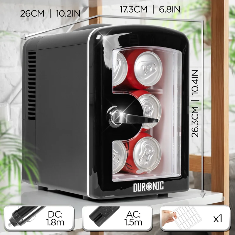 Duronic MFW4 BK Mini réfrigérateur 42W 4 litres Jusqu’à 6 cannettes Glacière pour snacks boisson lait maternel cosmétique médicament Maintien au chaud Bureau chambre voiture camping bateau