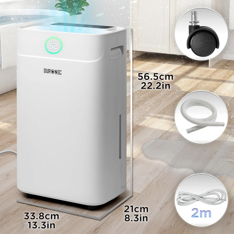 Duronic DH201 Déshumidificateur 440W Jusqu'à 20 litres d'eau par jour Réservoir d'eau de 5,1 litres Lutte contre l’humidité excessive et empêche la formation de moisissures Minuteur de 1 à 24 heures