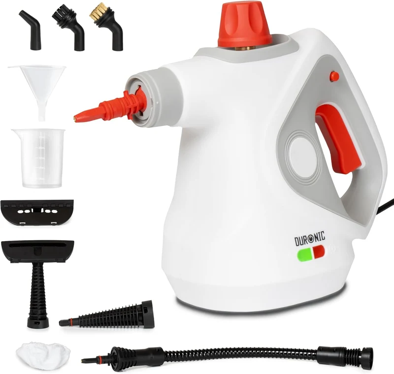 Duronic SC32 WE Nettoyeur vapeur à main 1050W Nettoyeur portable multifonction avec réservoir de 350 ml Nettoyage à la vapeur pour tissus Canapé Joints Douche Four Evier Vitres Fenêtres Miroirs