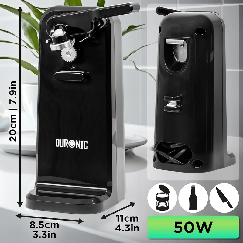 Duronic CO40 BK Ouvre-boîte électrique 50W Ouvre boîtes de conserve automatique Aiguiseur de couteaux Décapsuleur pour bouteille Permet de retirer les capsules des bouteilles et cannettes