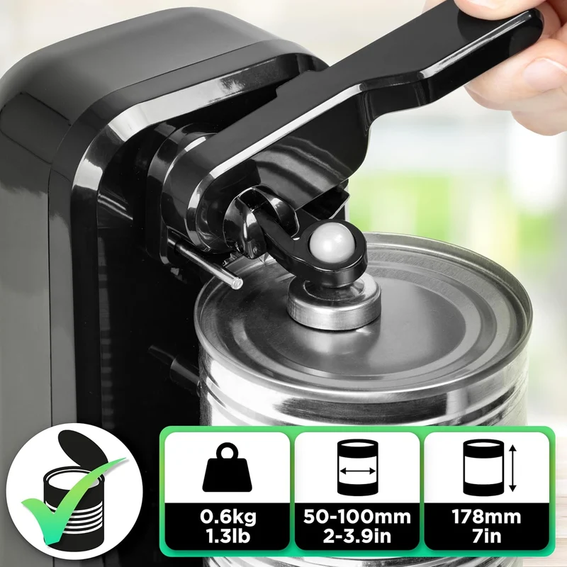 Duronic CO40 BK Ouvre-boîte électrique 50W Ouvre boîtes de conserve automatique Aiguiseur de couteaux Décapsuleur pour bouteille Permet de retirer les capsules des bouteilles et cannettes