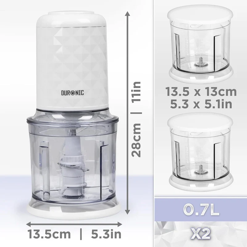 Duronic CH57 WE Mini hachoir 500W avec 2 bols de 700 ml avec couvercle Robot culinaire pour légumes fruits noix épices Permet de préparer sauces purée nourriture bébé
