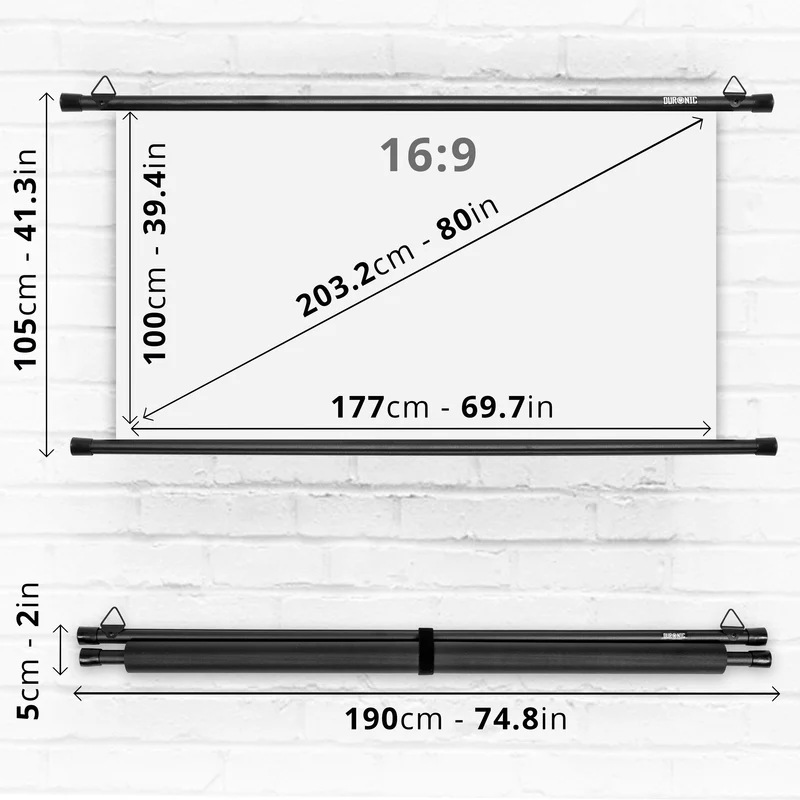 Duronic BPS80 16/9 Ecran de Projection TV et Home Cinema de 80 Pouces 203 cm 177 x 100 cm Fixation par Crochets Barres lestées Toile pour vidéoprojecteur Gain +1 idéal pour 3D 8K 4K 1080P